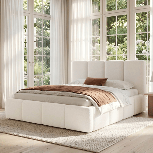 Cama estofada 160 x 200 cm - com base de lâminas e cabeceira acolchoada Bouclé - bege