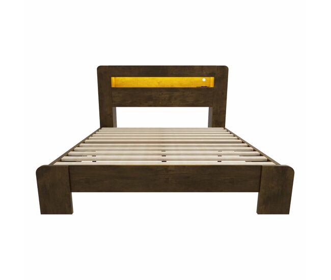 Cama de madera 140 x 200 cm - con almacenamiento en cabecero, iluminación led, enchufes integrados, cama plataforma estilo vintage moderno - madera