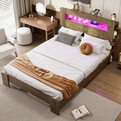 Cama de madeira 140 x 200 cm - com arrumação na cabeceira, iluminação LED, tomadas integradas, cama de plataforma em estilo vintage moderno - Madeira