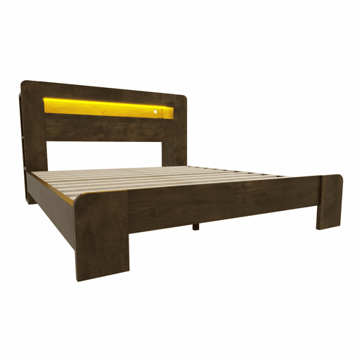Cama de madeira 140 x 200 cm - com arrumação na cabeceira, iluminação LED, tomadas integradas, cama de plataforma em estilo vintage moderno - Madeira
