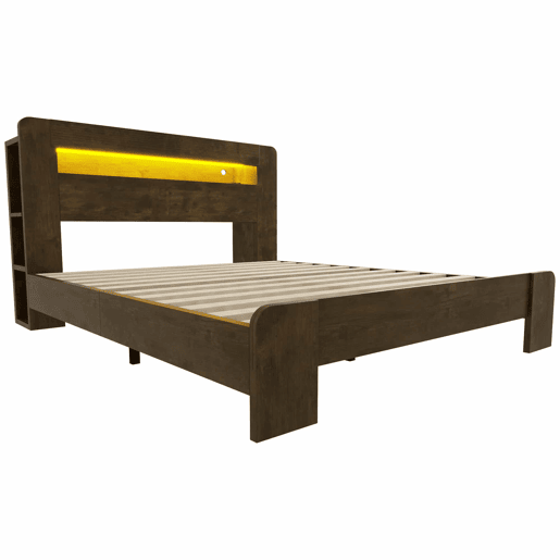 Cama de madeira 140 x 200 cm - com arrumação na cabeceira, iluminação LED, tomadas integradas, cama de plataforma em estilo vintage moderno - Madeira