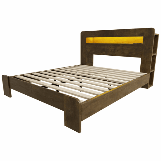 Cama de madeira 140 x 200 cm - com arrumação na cabeceira, iluminação LED, tomadas integradas, cama de plataforma em estilo vintage moderno - Madeira