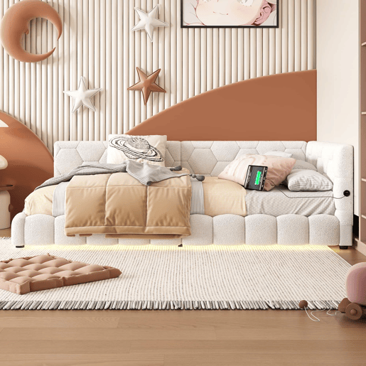 Sofá-cama de veludo 90x200 cm - com LED e porta USB - Branco