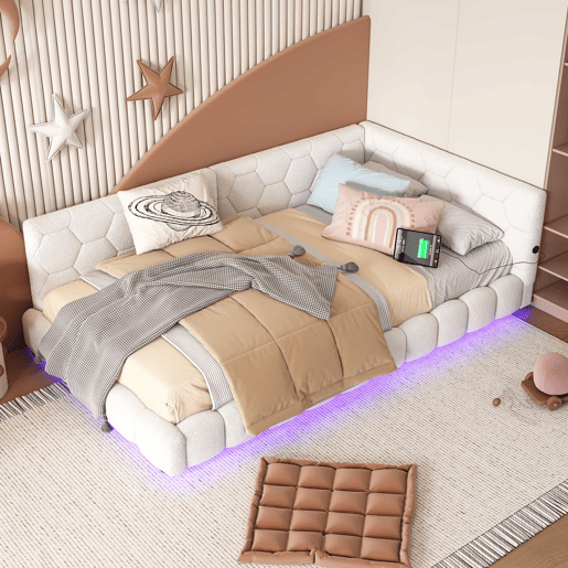 Sofá-cama de veludo 90x200 cm - com LED e porta USB - Branco