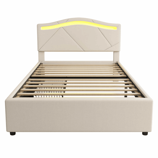 Cama estofada 90x200cm - com estrado, iluminação regulável, 2 gavetas, cabeceira ajustável, linho, minimalista - Bege