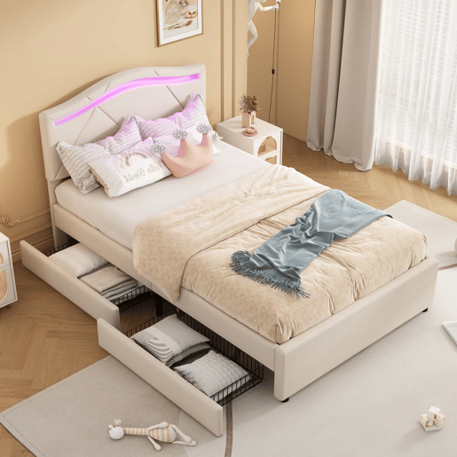 Cama estofada 90x200cm - com estrado, iluminação regulável, 2 gavetas, cabeceira ajustável, linho, minimalista - Bege
