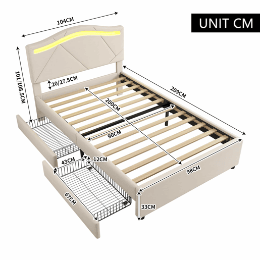Cama estofada 90x200cm - com estrado, iluminação regulável, 2 gavetas, cabeceira ajustável, linho, minimalista - Bege