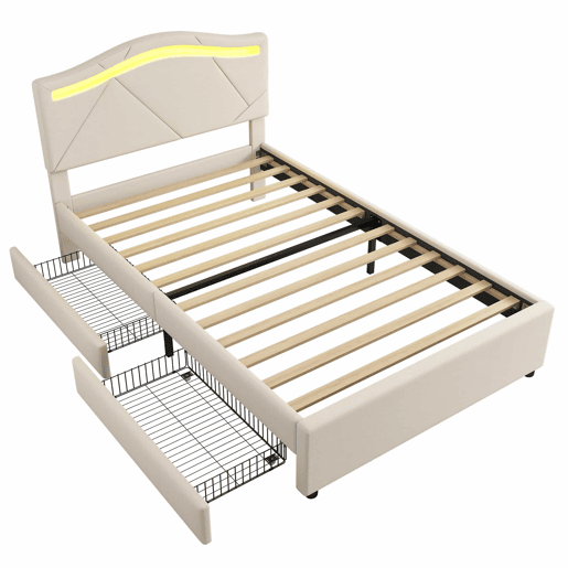 Cama estofada 90x200cm - com estrado, iluminação regulável, 2 gavetas, cabeceira ajustável, linho, minimalista - Bege