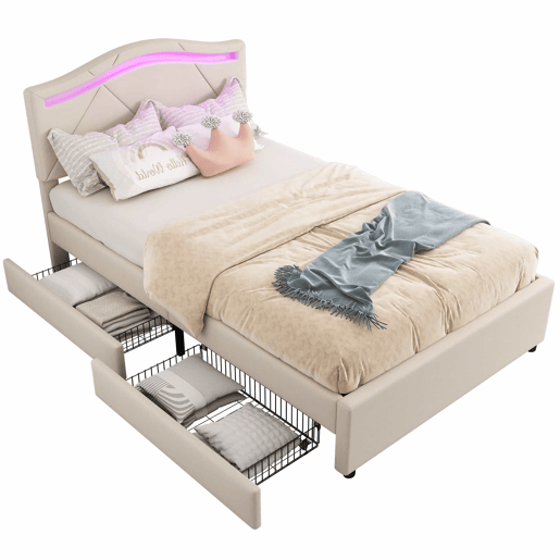 Cama estofada 90x200cm - com estrado, iluminação regulável, 2 gavetas, cabeceira ajustável, linho, minimalista - Bege