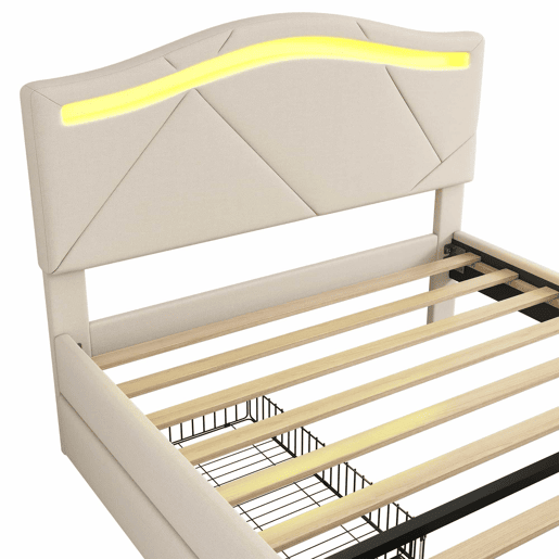 Cama estofada 90x200cm - com estrado, iluminação regulável, 2 gavetas, cabeceira ajustável, linho, minimalista - Bege
