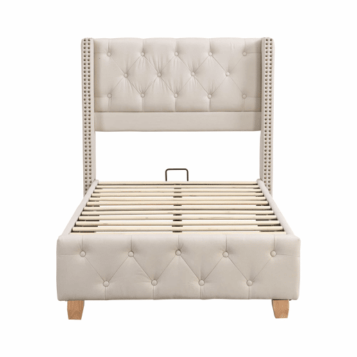 Cama estofada 90*200 - cabeceira acolchoada com botões e tachas, estrado de ripas, pés de madeira - Bege