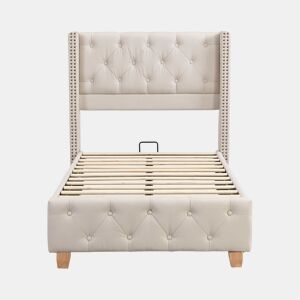Cama estofada 90*200 - cabeceira acolchoada com botões e tachas, estrado de ripas, pés de madeira - Bege