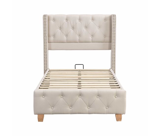 Cama tapizada 90*200 - cabecero acolchado con botones y tachuelas, somier de lamas, patas de madera - beige