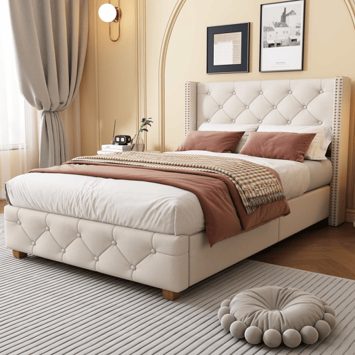 Cama estofada 90*200 - cabeceira acolchoada com botões e tachas, estrado de ripas, pés de madeira - Bege