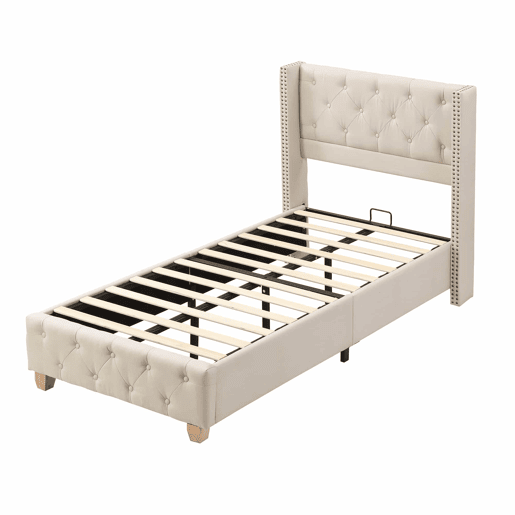 Cama estofada 90*200 - cabeceira acolchoada com botões e tachas, estrado de ripas, pés de madeira - Bege