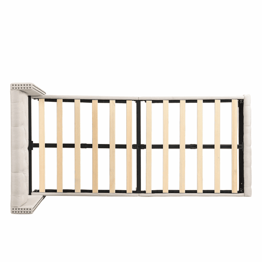 Cama estofada 90*200 - cabeceira acolchoada com botões e tachas, estrado de ripas, pés de madeira - Bege