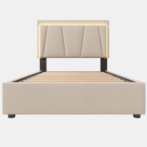 Cama estofada 90x200cm - Com LED, 2 gavetas, cabeceira ajustável, base de madeira, bege