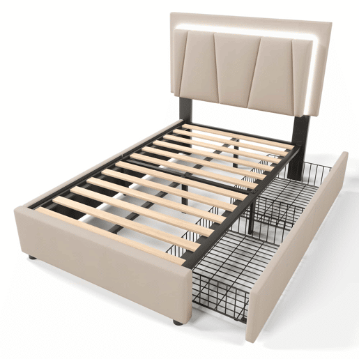 Cama estofada 90x200cm - Com LED, 2 gavetas, cabeceira ajustável, base de madeira, bege