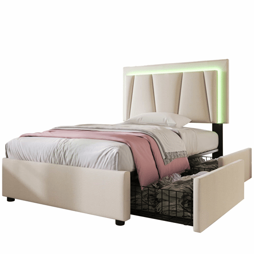 Cama estofada 90x200cm - Com LED, 2 gavetas, cabeceira ajustável, base de madeira, bege