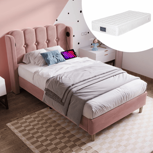 Cama individual 90x200 cm - Com função de carregamento USB tipo C, cabeceira acolchoada, estrutura de cama com estrado - Rosa