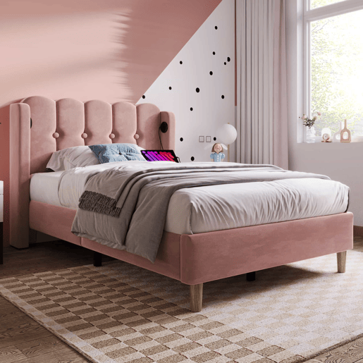 Cama individual 90x200 cm - Com função de carregamento USB tipo C, cabeceira acolchoada, estrutura de cama com estrado - Rosa