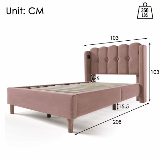 Cama individual 90x200 cm - Com função de carregamento USB tipo C, cabeceira acolchoada, estrutura de cama com estrado - Rosa