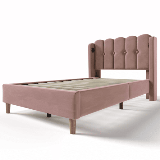 Cama individual 90x200 cm - Com função de carregamento USB tipo C, cabeceira acolchoada, estrutura de cama com estrado - Rosa