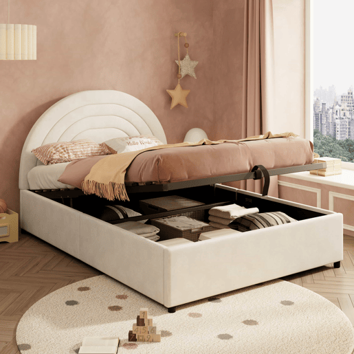 Cama estofada 140x200 - base de ripas de madeira, cabeceira, montagem fácil, adequada para crianças, jovens e adultos, veludo - bege