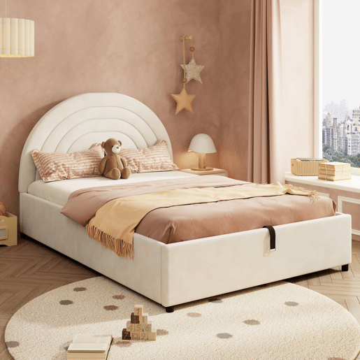 Cama estofada 140x200 - base de ripas de madeira, cabeceira, montagem fácil, adequada para crianças, jovens e adultos, veludo - bege