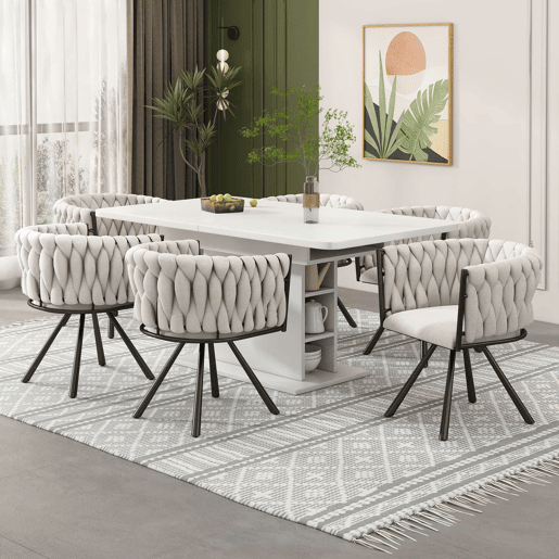Conjunto de 4 cadeiras giratórias em linho com braços - pernas em metal preto - Bege