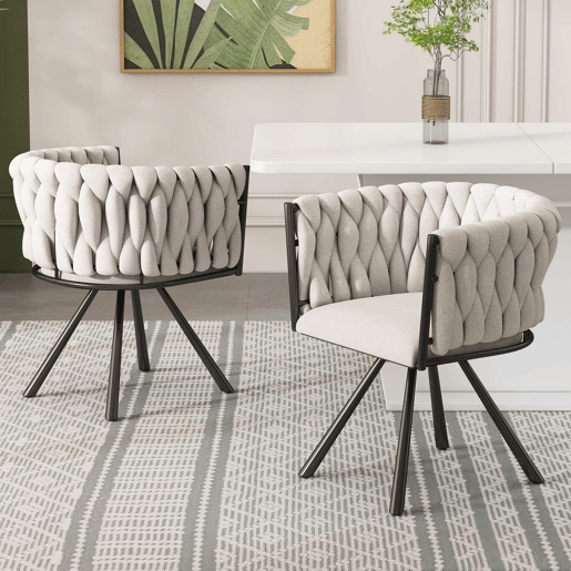 Conjunto de 4 cadeiras giratórias em linho com braços - pernas em metal preto - Bege