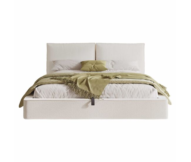 Cama tapizada doble 180 x 200 cm - cama funcional hidráulica con somier de láminas y cabecero acolchado de bouclé - beige