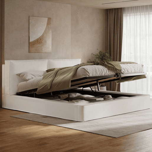 Cama de casal estofada 180 x 200 cm - cama funcional hidráulica com base de lâminas e cabeceira acolchoada em bouclé - bege Cama de casal estofada 180 x 200 cm - cama funcional hidráulica com base de lâminas e cabeceira acolchoada em bouclé - bege