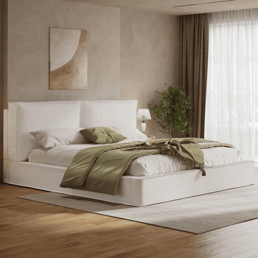 Cama de casal estofada 180 x 200 cm - cama funcional hidráulica com base de lâminas e cabeceira acolchoada em bouclé - bege Cama de casal estofada 180 x 200 cm - cama funcional hidráulica com base de lâminas e cabeceira acolchoada em bouclé - bege