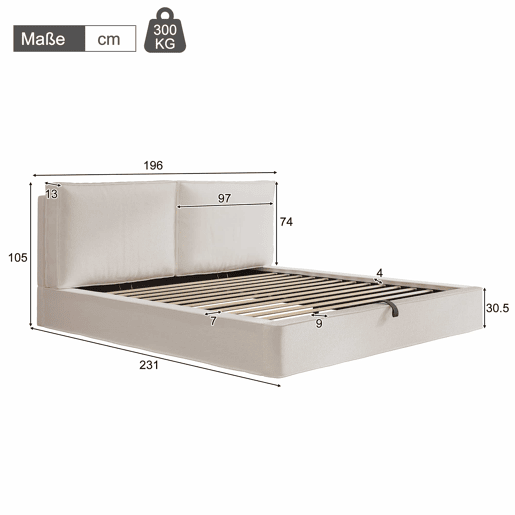 Cama de casal estofada 180 x 200 cm - cama funcional hidráulica com base de lâminas e cabeceira acolchoada em bouclé - bege Cama de casal estofada 180 x 200 cm - cama funcional hidráulica com base de lâminas e cabeceira acolchoada em bouclé - bege