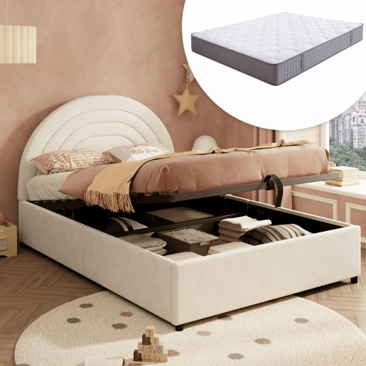 Cama estofada 140x200 - cabeceira, base de ripas de madeira, montagem fácil, inclui colchão, adequada para adultos e jovens - bege