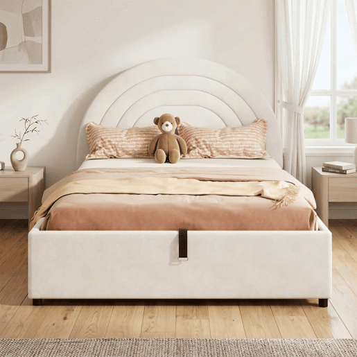 Cama estofada 140x200 - cabeceira, base de ripas de madeira, montagem fácil, inclui colchão, adequada para adultos e jovens - bege