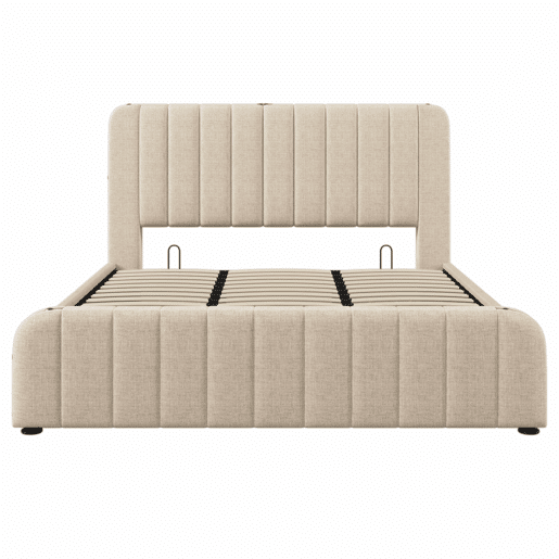 Cama estofada 180x200 cm - Cabeceira acolchoada com faixas douradas, porta USB tipo C, arrumação hidráulica - Bege Cama estofada 180x200 cm - Cabeceira acolchoada com faixas douradas, porta USB tipo C, arrumação hidráulica - Bege