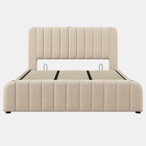 Cama estofada 180x200 cm - Cabeceira acolchoada com faixas douradas, porta USB tipo C, arrumação hidráulica - Bege