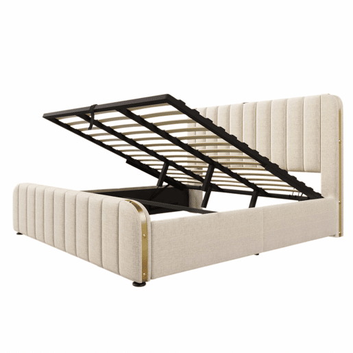 Cama estofada 180x200 cm - Cabeceira acolchoada com faixas douradas, porta USB tipo C, arrumação hidráulica - Bege Cama estofada 180x200 cm - Cabeceira acolchoada com faixas douradas, porta USB tipo C, arrumação hidráulica - Bege