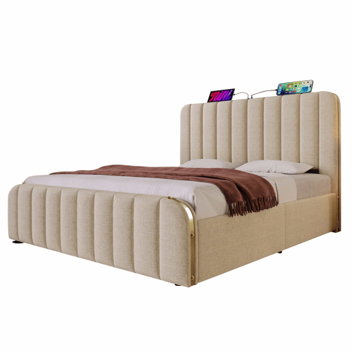 Cama estofada 180x200 cm - Cabeceira acolchoada com faixas douradas, porta USB tipo C, arrumação hidráulica - Bege Cama estofada 180x200 cm - Cabeceira acolchoada com faixas douradas, porta USB tipo C, arrumação hidráulica - Bege