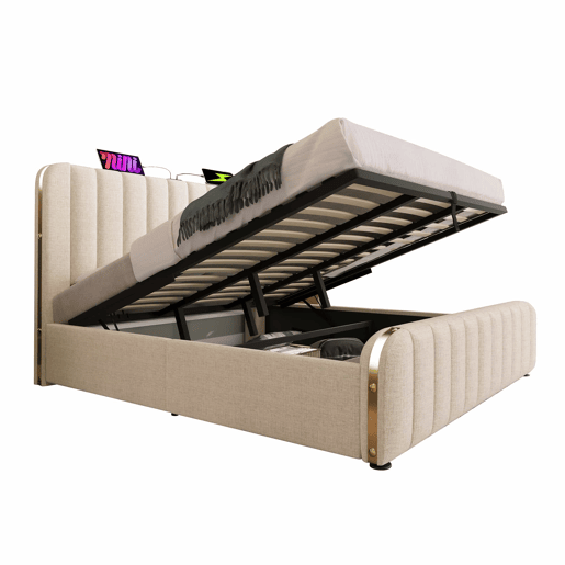 Cama estofada 180x200 cm - Cabeceira acolchoada com faixas douradas, porta USB tipo C, arrumação hidráulica - Bege Cama estofada 180x200 cm - Cabeceira acolchoada com faixas douradas, porta USB tipo C, arrumação hidráulica - Bege
