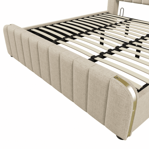 Cama estofada 180x200 cm - Cabeceira acolchoada com faixas douradas, porta USB tipo C, arrumação hidráulica - Bege Cama estofada 180x200 cm - Cabeceira acolchoada com faixas douradas, porta USB tipo C, arrumação hidráulica - Bege