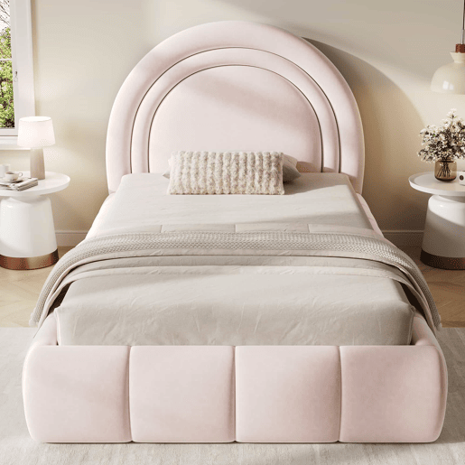 Cama infantil estofada 90x200 cm - cama individual funcional com sistema hidráulico, base de colchão, cabeceira acolchoada e amplo espaço de arrumação em veludo - rosa