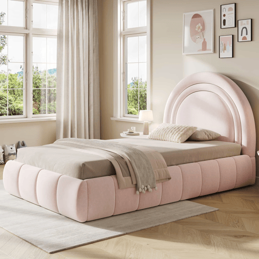 Cama infantil estofada 90x200 cm - cama individual funcional com sistema hidráulico, base de colchão, cabeceira acolchoada e amplo espaço de arrumação em veludo - rosa