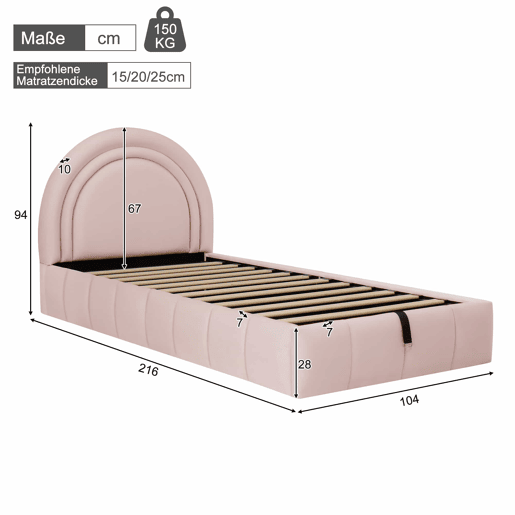 Cama infantil estofada 90x200 cm - cama individual funcional com sistema hidráulico, base de colchão, cabeceira acolchoada e amplo espaço de arrumação em veludo - rosa