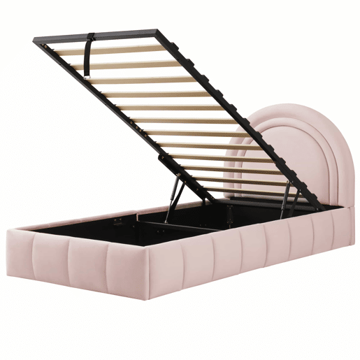 Cama infantil estofada 90x200 cm - cama individual funcional com sistema hidráulico, base de colchão, cabeceira acolchoada e amplo espaço de arrumação em veludo - rosa