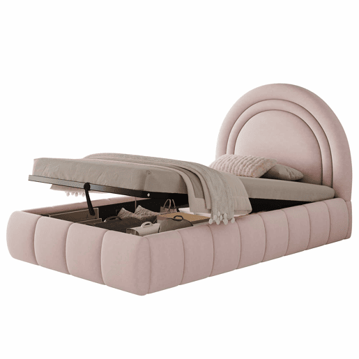 Cama infantil estofada 90x200 cm - cama individual funcional com sistema hidráulico, base de colchão, cabeceira acolchoada e amplo espaço de arrumação em veludo - rosa