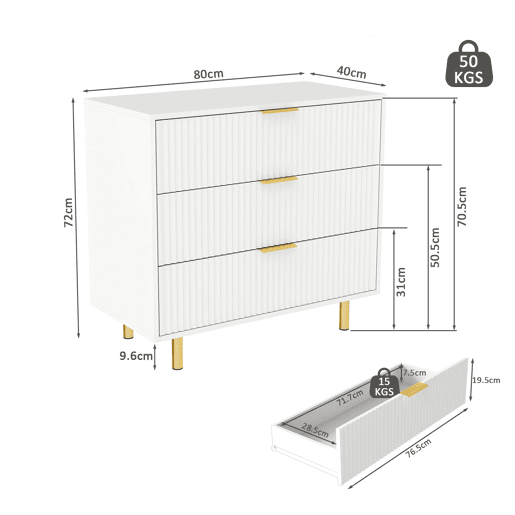 Aparador com 3 gavetas 72x80x40 cm - design moderno, móvel de arrumação - branco e dourado