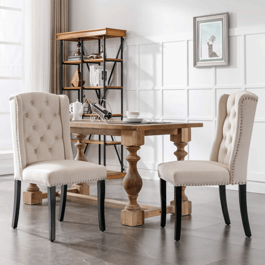 Conjunto de 2 cadeiras de veludo com pernas de carvalho - decoradas com rebites - Bege Conjunto de 2 cadeiras de veludo com pernas de carvalho - decoradas com rebites - Bege